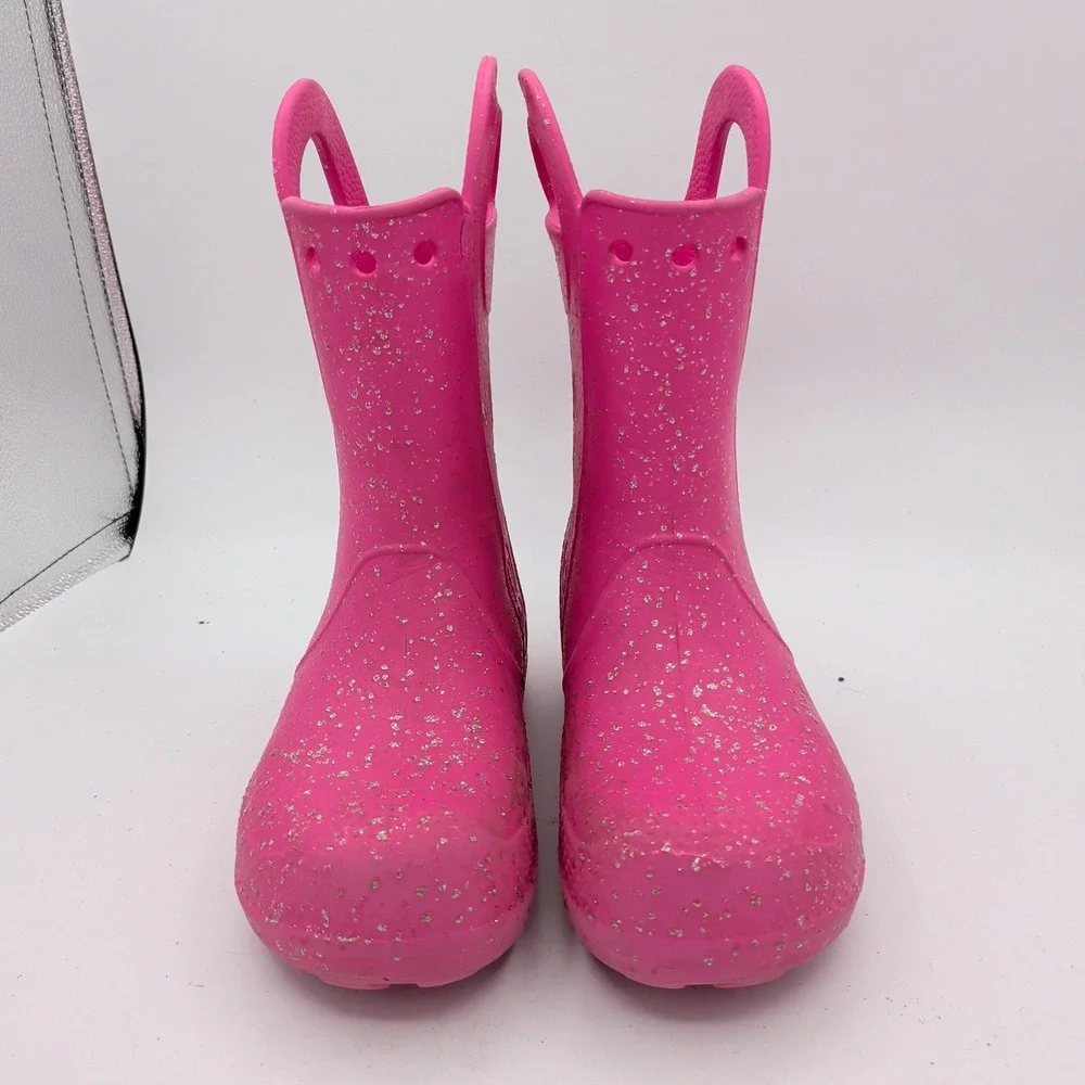 Crocs Kids Handle It Pink Glitter Rain Boots Waterproof Pull On J2 210391